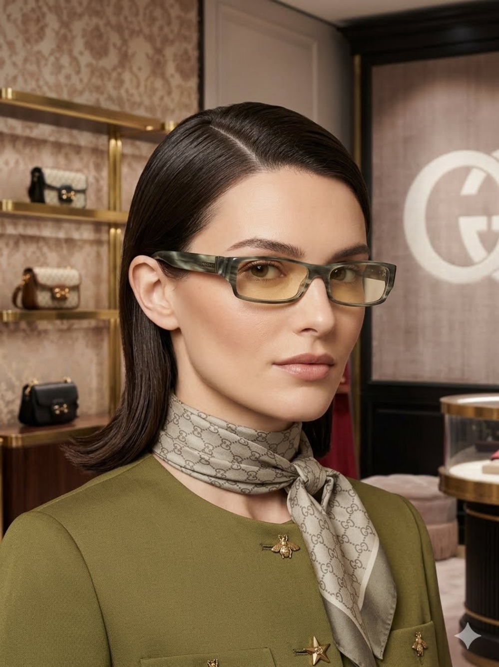 GUCCI low profile marbled grey/horn acetate frame and a minimalist metal plate